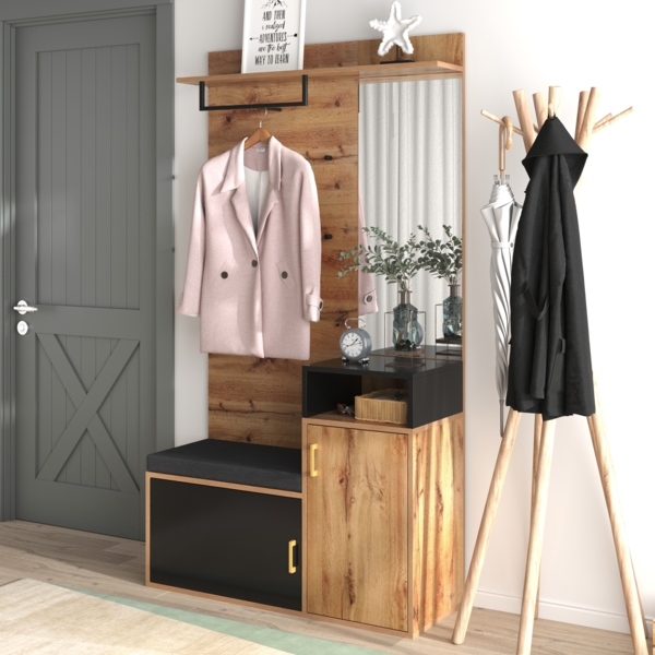 Garderoben-Set,mit 4 Kleiderhaken, 105 x 40 x 191.5 cm, Holzfarbe und Schwarz Bild 10