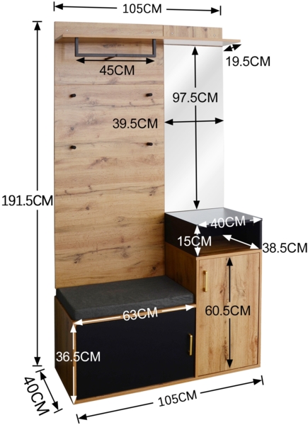 Garderoben-Set,mit 4 Kleiderhaken, 105 x 40 x 191.5 cm, Holzfarbe und Schwarz Bild 4