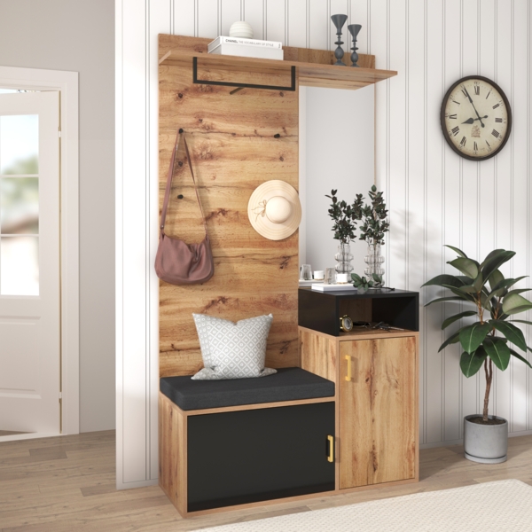 Garderoben-Set,mit 4 Kleiderhaken, 105 x 40 x 191.5 cm, Holzfarbe und Schwarz Bild 8