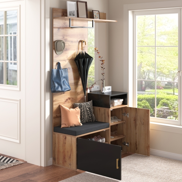 Garderoben-Set,mit 4 Kleiderhaken, 105 x 40 x 191.5 cm, Holzfarbe und Schwarz Bild 7