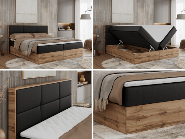 Boxspringbett mit Kopfteil und Topper, Polsterbett - ALBERO 2 - 180 x 200 cm - Schwarz Kunstleder - H3 Bild 2