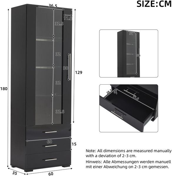 Vitrine mit LED-Beleuchtung & 3 Schubladen, 60x35x180 cm, Schwarz Bild 10