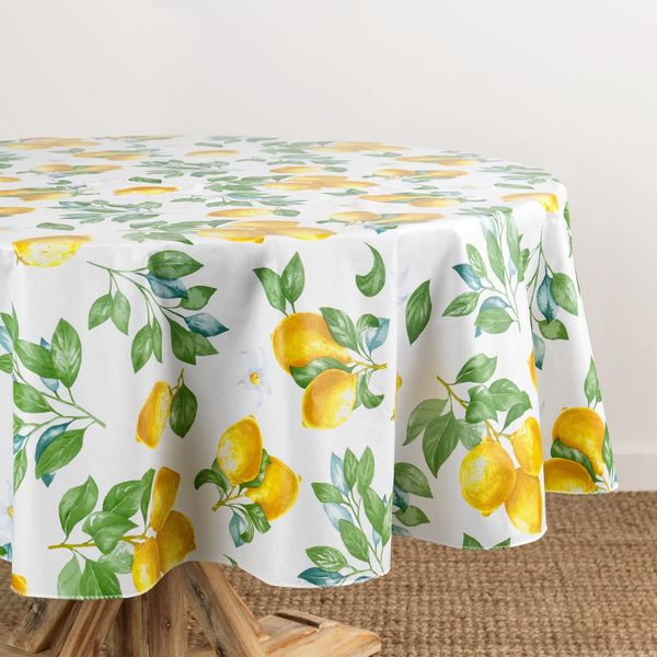 Elrene Home Fashions Vintage-Tischdecke mit Zitronenblumen, Wasser- und schmutzabweisend, Vinyl, für drinnen und draußen, mit Flanell-Rückseite, 177,8x177,8 cm, rund