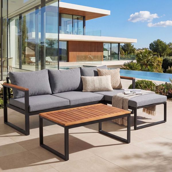 Garten-Garnitur HWC-L26b, Gartenlounge Sitzgruppe Lounge-Set Sofa, Aluminium Akazie Holz MVG-zertifiziert ~ dunkelgrau