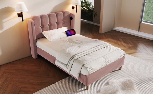 Polsterbett 90x200 cm Samt mit Paneel-Kopfteil und integrierter USB‑Typ‑C-Ladestation, Rosa