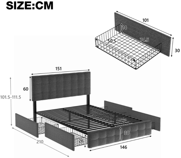 Merax Stauraumbett Polsterbett 140x200 Doppelbett aus Leinen mit Höhenverstellbares Kopfteil & 4 Schubladen & Metalllatten Grau Bild 2