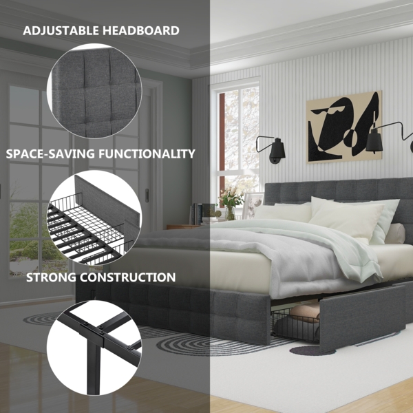Merax Stauraumbett Polsterbett 140x200 Doppelbett aus Leinen mit Höhenverstellbares Kopfteil & 4 Schubladen & Metalllatten Grau Bild 3