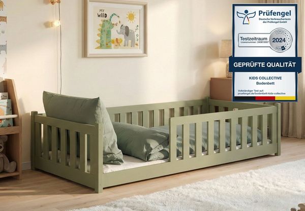 Kids Collective Kinderbett Bodenbett Bett mit Rausfallschutz & Lattenrost Montessori Bett Kinder (Jungen, Mädchen, Kinder, weitere Größen 80x160, 80x180, 90x190, 120x200, 140x200 cm), Jugendbett Gitterbett Einzelbett mit Matratze, Olivgrün 90x200 cm
