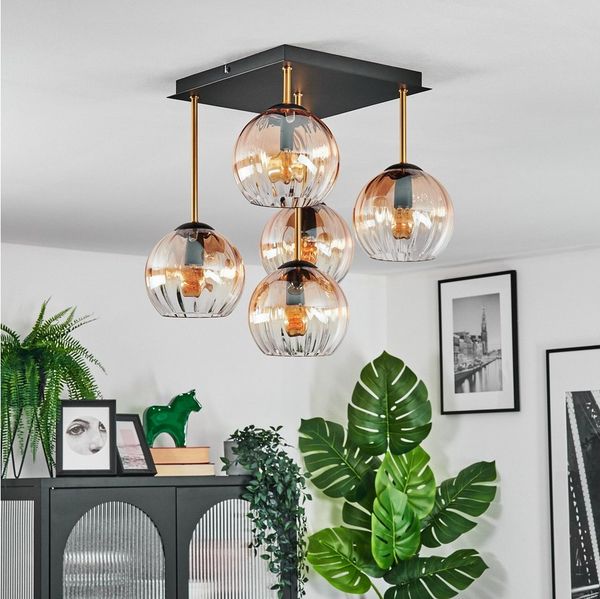 hofstein Deckenleuchte Deckenlampe aus Metall/Riffelglas in Schwarz/Gold/Bernstein/Klar, ohne Leuchtmittel, Deckenleuchte im Retro/Vintage-Design (Schirme Ø 15 cm), 5 x E14