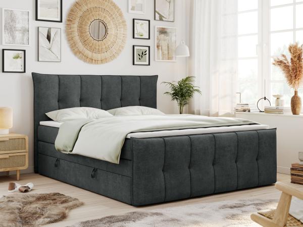 Boxspringbett KING DE LUX - 7-Zonen Matratze - PREMIUM-11-KING - 140x200cm - Dunkelgrau Stoff - H3