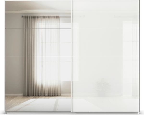rauch Quadra, Kleiderschrank, Schiebetürenschrank, 2-türig, mit Spiegel und Glasfront, mit 3 Kleiderstangen und 6 Einlegeböden, Farbe Weiß/Glas Weiß, BxHxT 271x229x62cm Bild 2