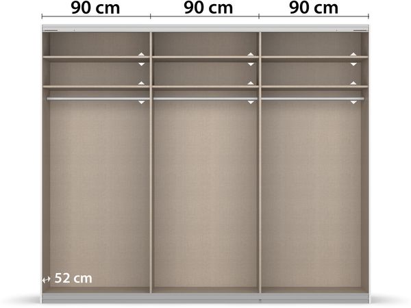 rauch Quadra, Kleiderschrank, Schiebetürenschrank, 2-türig, mit Spiegel und Glasfront, mit 3 Kleiderstangen und 6 Einlegeböden, Farbe Weiß/Glas Weiß, BxHxT 271x229x62cm Bild 6