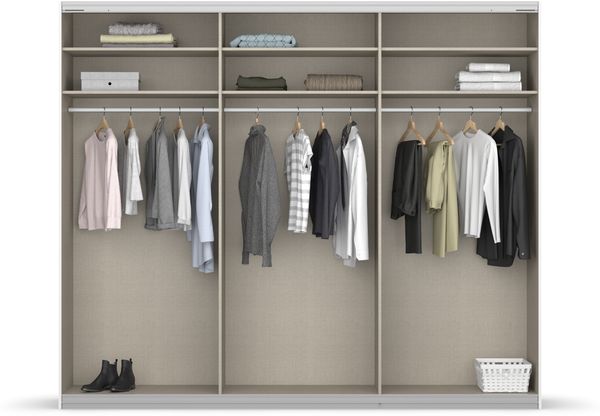 rauch Quadra, Kleiderschrank, Schiebetürenschrank, 2-türig, mit Spiegel und Glasfront, mit 3 Kleiderstangen und 6 Einlegeböden, Farbe Weiß/Glas Weiß, BxHxT 271x229x62cm Bild 5