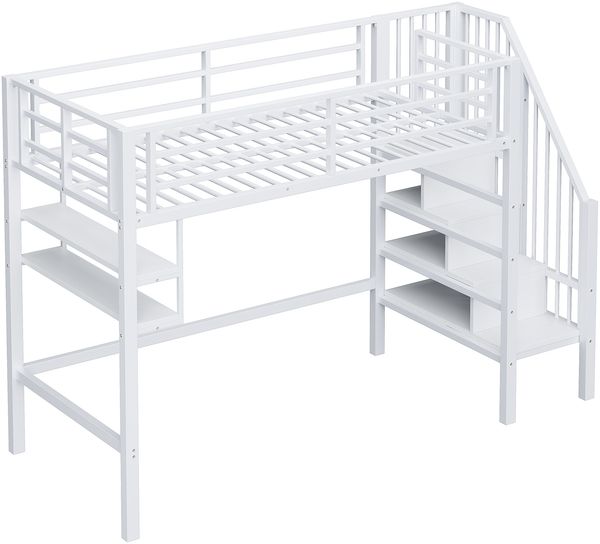 Kinder Hochbett 90x200 cm Metall mit Regalen Stauraum Leiter und Spielbereich unter dem Bett Weiss Bild 7