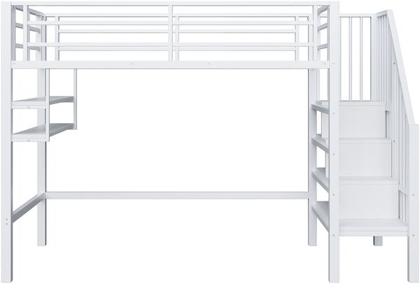 Kinder Hochbett 90x200 cm Metall mit Regalen Stauraum Leiter und Spielbereich unter dem Bett Weiss Bild 8