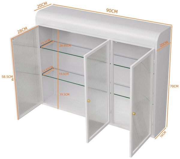 Celya Wandhängeschrank 3-türige, gewölbte Wandvitrinen, Drei Glastüren,Drei Fächer,Länge 90 cm, Weiß