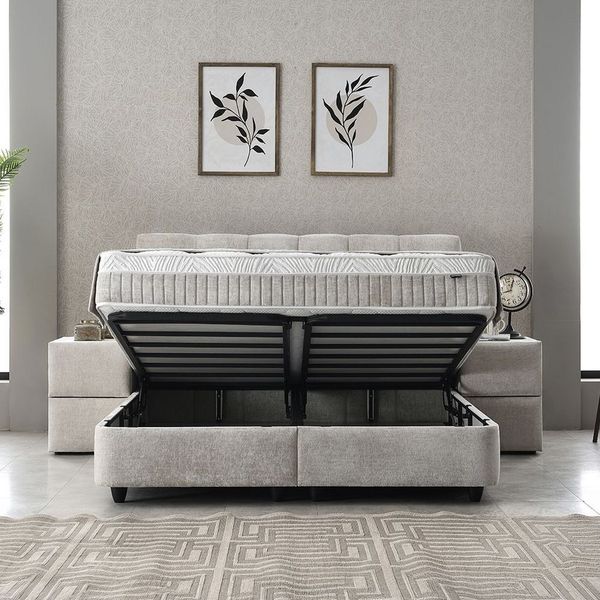 abc bedding Boxspringbett Boxspringbett Komfortbett LUCIA im stilvollen braun beige Stoffdesign (Bett mit Topper, 3-St, inkl. Matratze und Topper), Voll-orthopädisches Schlafsystem inklusive Bettkasten