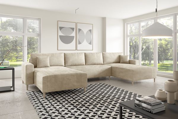 Ecksofa Avila, Couch U-Form, Sofa U-Form mit Schlaffunktion, Sofa POSO-Stoff Cordstoff, 390 x 80 x 180 cm, Beige