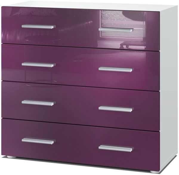 Vladon Sideboard Pavos, Kommode mit 4 Schubladen, Weiß matt/Brombeer Hochglanz (76 x 72 x 35 cm)
