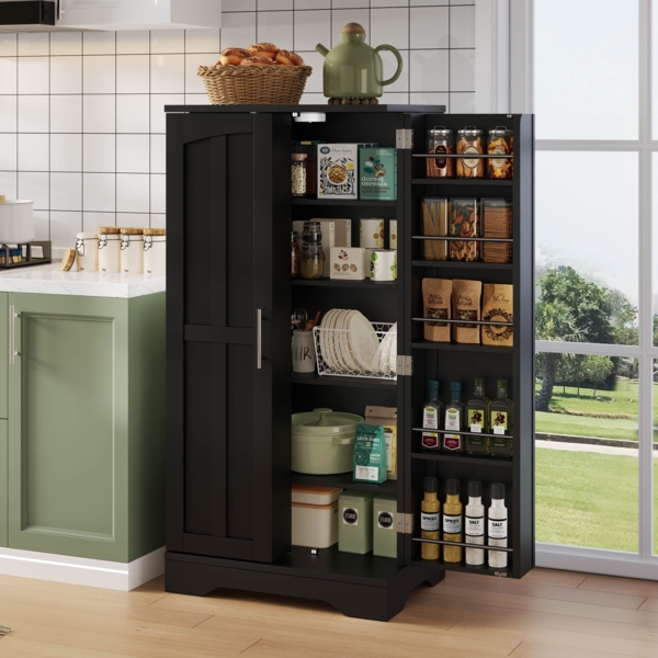 Merax 120cm Küchenschrank mit LED-Sensorlicht, großer 2-türiger Aufbewahrungsschrank mit verstellbaren Regalböden & Türablagen, schwarz