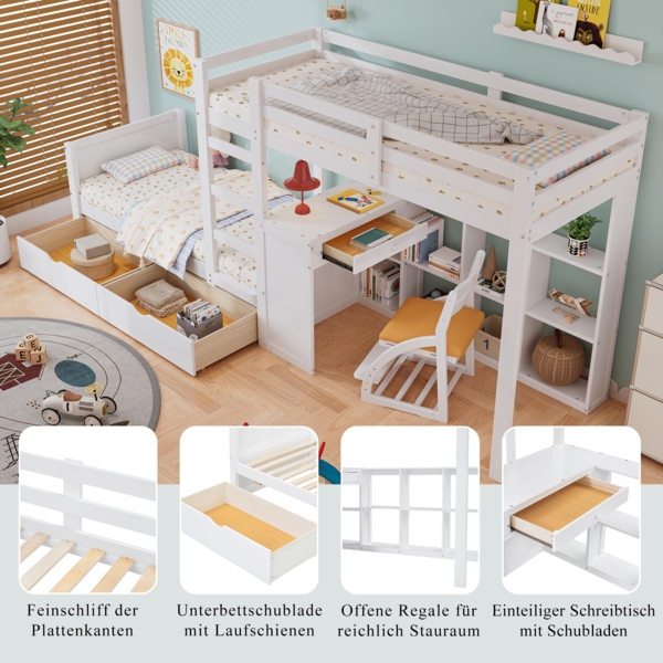 Etagenbett Kinderbett mit Schreibtisch, Leiter, Stauraum, MDF+Kiefer, Weiß, Hochbett 90x200cm Bild 4