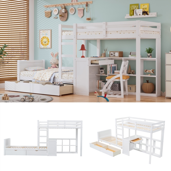 Etagenbett Kinderbett mit Schreibtisch, Leiter, Stauraum, MDF+Kiefer, Weiß, Hochbett 90x200cm Bild 5