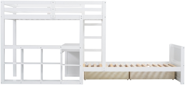 Etagenbett Kinderbett mit Schreibtisch, Leiter, Stauraum, MDF+Kiefer, Weiß, Hochbett 90x200cm Bild 8