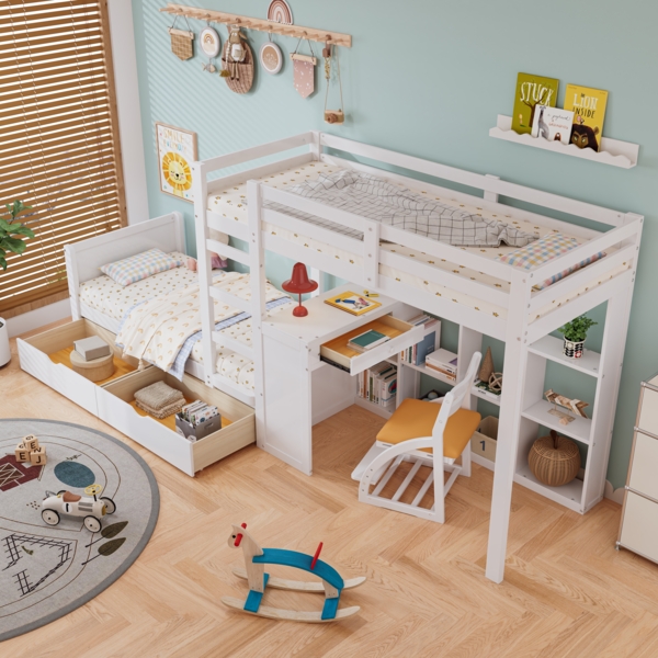 Etagenbett Kinderbett mit Schreibtisch, Leiter, Stauraum, MDF+Kiefer, Weiß, Hochbett 90x200cm Bild 3