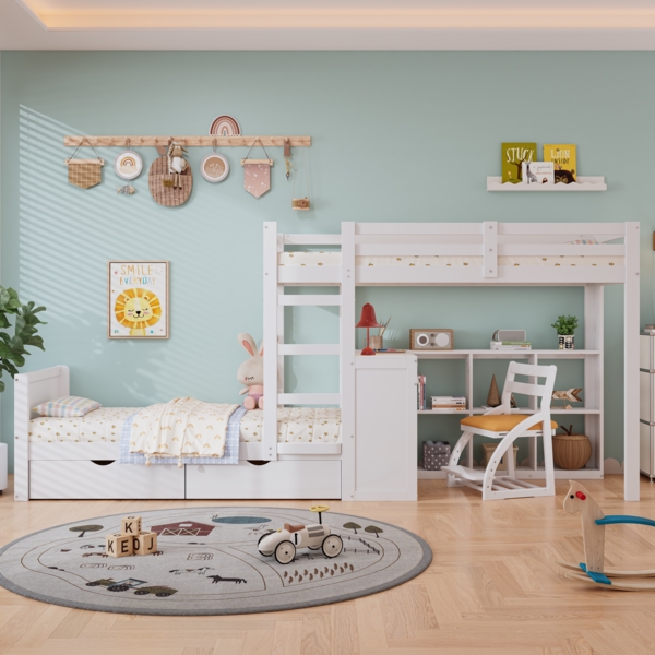 Etagenbett Kinderbett mit Schreibtisch, Leiter, Stauraum, MDF+Kiefer, Weiß, Hochbett 90x200cm Bild 2