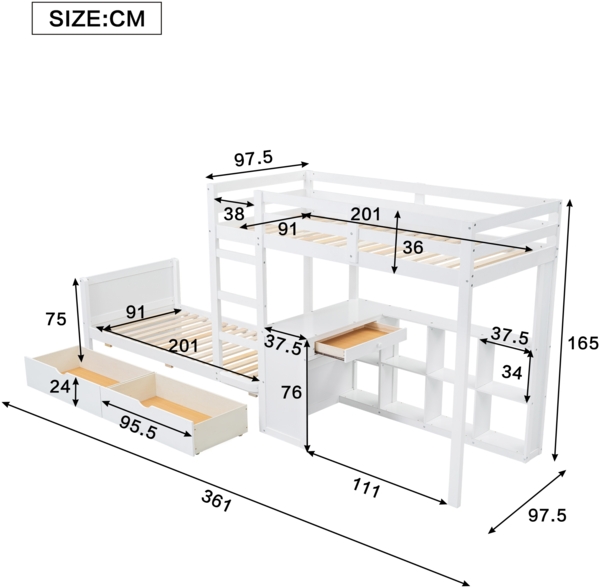 Etagenbett Kinderbett mit Schreibtisch, Leiter, Stauraum, MDF+Kiefer, Weiß, Hochbett 90x200cm Bild 6
