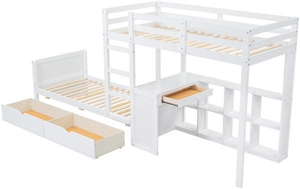 Etagenbett Kinderbett mit Schreibtisch, Leiter, Stauraum, MDF+Kiefer, Weiß, Hochbett 90x200cm Bild 7