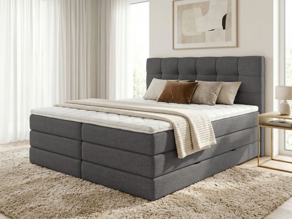 Boxspringbett Best XL mit 2 Bettkästen und Topper, mit Taschenfederkern- und Bonellfederkernmatratze, Doppelbett, Polsterbett aus Webstoff mit Stauraum (Graphit (Inari 94), 160x200 cm)