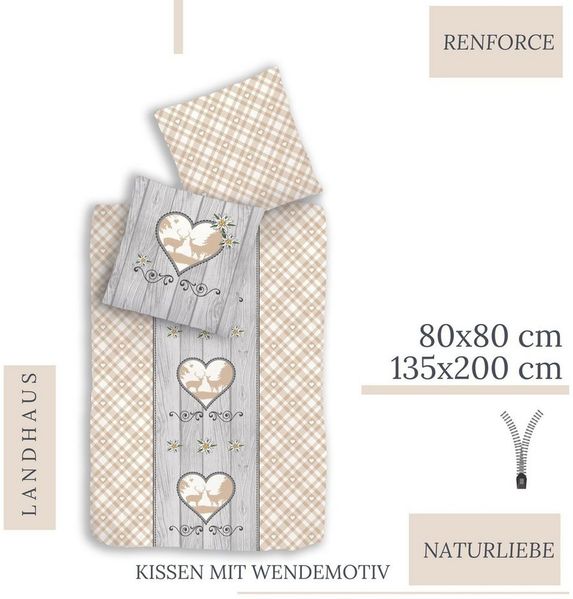 MTOnlinehandel Bettwäsche Landhaus Vintage, 100% Baumwolle, Renforcé, 4 teilig, Oktoberfest Partnerbettwäsche in Karo-Design und Holzoptik Bild 4