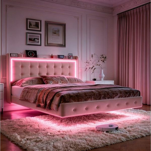 Furnishings Home Polsterbett Doppelbett Jugendbett mit LED-Licht (Mit Komforthöhe Lattenrost, Leises Design Bett), Samtmaterial Polsterbett mit RGB Beleuchtung