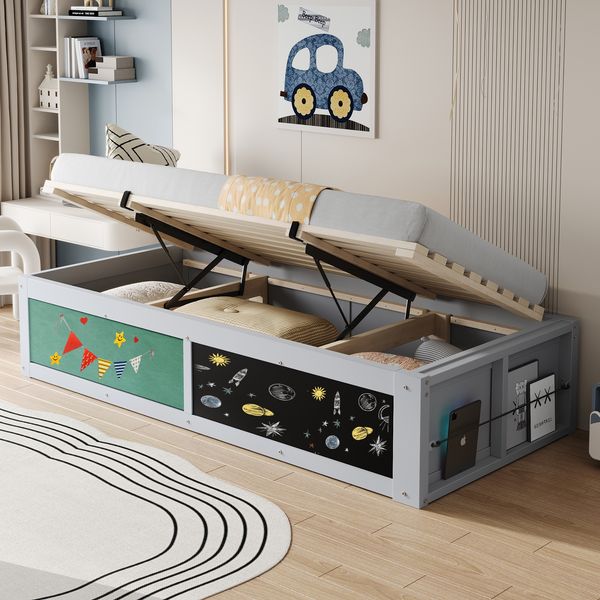 Holzbett, mit hydraulischer Verstellung Schreibplatte filzbezogene Oberseite Stauraum für Bücher links/rechts montierbar Einzelbett Kinderbett, Holzwerkstoff, Grau, 90 x 200 cm