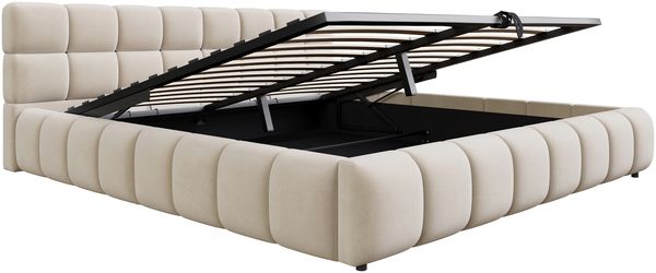 Merax Polsterbett 180 x 200 cm Doppelbett, Mit Lichtleiste, Kopfteil und Bettseiten mit voluminöser, Solider Formgebung, Ausgestattet mit hydraulischer Staufunktion, Samt, Beige Bild 7