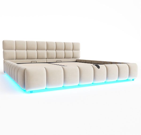 Merax Polsterbett 180 x 200 cm Doppelbett, Mit Lichtleiste, Kopfteil und Bettseiten mit voluminöser, Solider Formgebung, Ausgestattet mit hydraulischer Staufunktion, Samt, Beige Bild 8