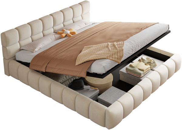 Merax Polsterbett 180 x 200 cm Doppelbett, Mit Lichtleiste, Kopfteil und Bettseiten mit voluminöser, Solider Formgebung, Ausgestattet mit hydraulischer Staufunktion, Samt, Beige Bild 10