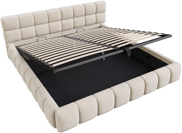 Merax Polsterbett 180 x 200 cm Doppelbett, Mit Lichtleiste, Kopfteil und Bettseiten mit voluminöser, Solider Formgebung, Ausgestattet mit hydraulischer Staufunktion, Samt, Beige Bild 6