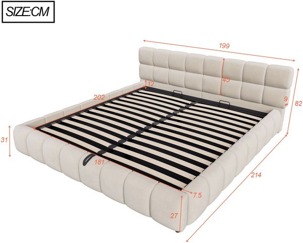 Merax Polsterbett 180 x 200 cm Doppelbett, Mit Lichtleiste, Kopfteil und Bettseiten mit voluminöser, Solider Formgebung, Ausgestattet mit hydraulischer Staufunktion, Samt, Beige Bild 4