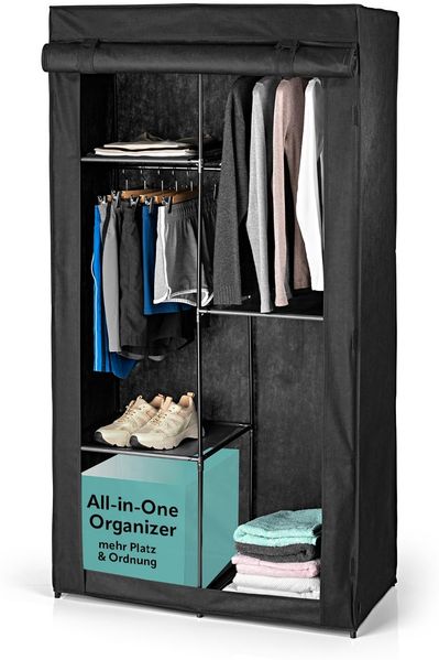 EASYmaxx Kleiderschrank | Faltbarer Stoffschrank mit Klettverschluss & Kleiderstange | Stoffkleiderschrank – ideal als Campingschrank oder mobiler Kleiderschrank zu Hause | Kleiderständer modular