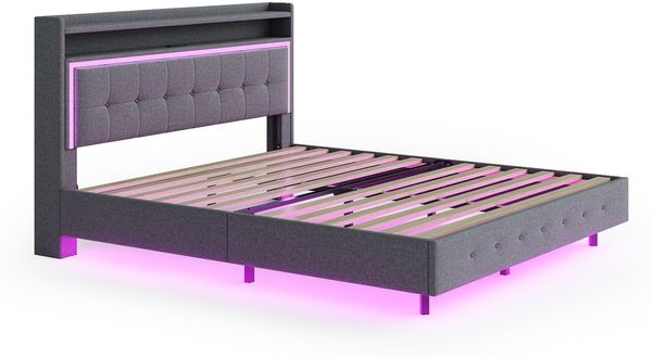 Polsterbett 140×200 cm mit USB-Anschluss und LED-Beleuchtung, versteckten Füßen, Grau Bild 4
