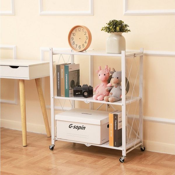 BlingBin Standregal Dreistufiges Regal mit Rollen, Schwerlastregal Mehrzweckregal, Küchenregal / Mikrowellenständer 1-tlg, 360°-Rollen, klappbar Standregal Organizer mit feststellbaren Rollen