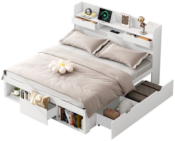 Odikalo Stauraumbett Doppelbett Jugendbett mit USB,Schublade,Stauschrank (140x190 140x200 180x200 cm, Mit USB-port & Schubladen & Stauschrank, Kinderbett, Jugendbett, Multifunktionales Bett, Großer Stauraum, ohne Matratze, weiß)