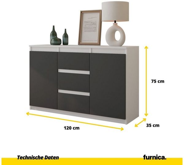 Furnica Kommode MIKEL, 3 Schubladen und 2 Türen - Weiß Matt H75cm B120cm T35cm