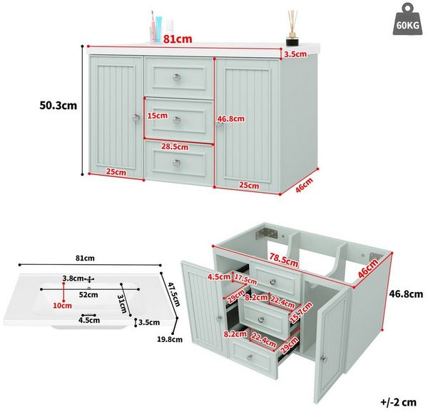 Celya Waschbeckenunterschrank Waschtischunterschrank mit Schubladen und Türen Badezimmerschrank (Mit Keramik-Waschbecken) wandhängend,Viel Stauraum,Wasserdichte Oberfläche,78,5 × 46 × 46,8 cm