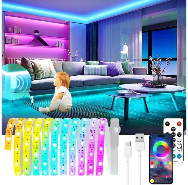 Jibenhome LED Stripe Bewegungsmelder LED-Lichtleiste RGB, App und Fernbedienung, USB Nachtlicht Music Sync