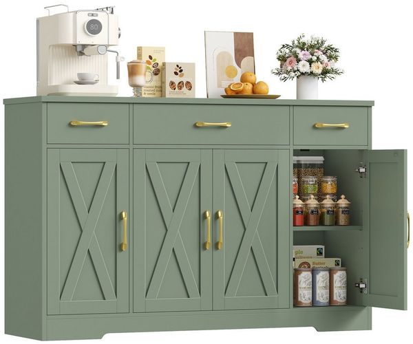 HOMECHO Sideboard, 140cm Breite Küchenschrank 3 Schubladen 4 Türen, Verstellbaren Regalen
