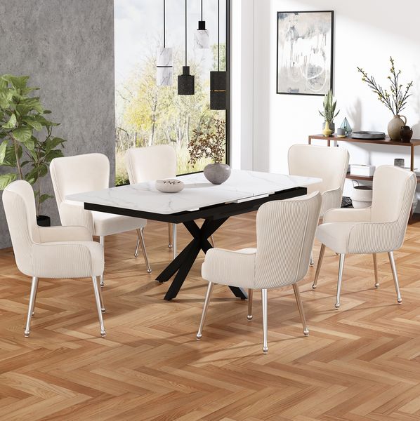 6er-Set Samt-Esszimmerstühle mit Armlehnen, beige, 53x57x83 cm
