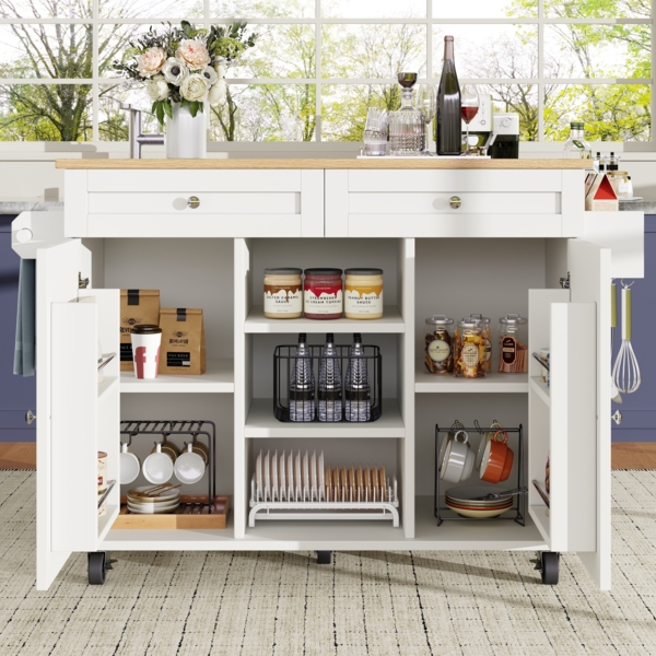 Klappbarer Küchenwagen 134×75,4×89 cm, Weiß, mit 2 fixen & 3 schwenkbaren Rollen, Kücheninsel mit Snack-Regal und verstellbaren Regalen, 89cmx134cmx45.2-75.4cm